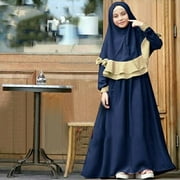 Blue Girls Outfits&Set Toddler Baby Kid Girls Ramadan Muslim Abaya Dubai Robe Traditional Clothing Dress Baby Girl Clothes