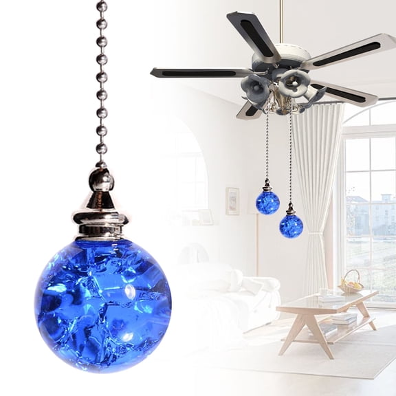 Blue Glass Ceiling Fan Pull Chain, Fan Lamp String Pulls Crystal Decorative Extension, 20 Inches Ball Chains Extender Ornament with Connector