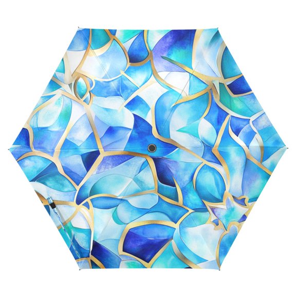 Blue Glass Pattern Folding Umbrella UV50+ Waterproof Sun Protection Auto Open Close Compact Fiberglass Frame