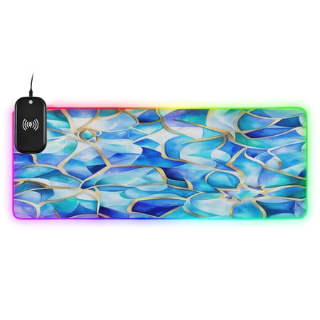 Blue Glass Pattern Large RGB Gaming Mouse Pad with Fast Wireless Charging, 31.5''x11.8''