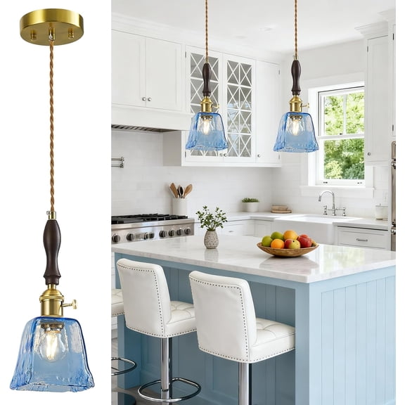 Blue Glass Vintage Pendant Light Height Adjustable Handmade Glass Pendant Lights Kitchen Island Gold Hanging Light Fixture with Wood Handle for Bedroom Dining Room Hotel (2 Pack)