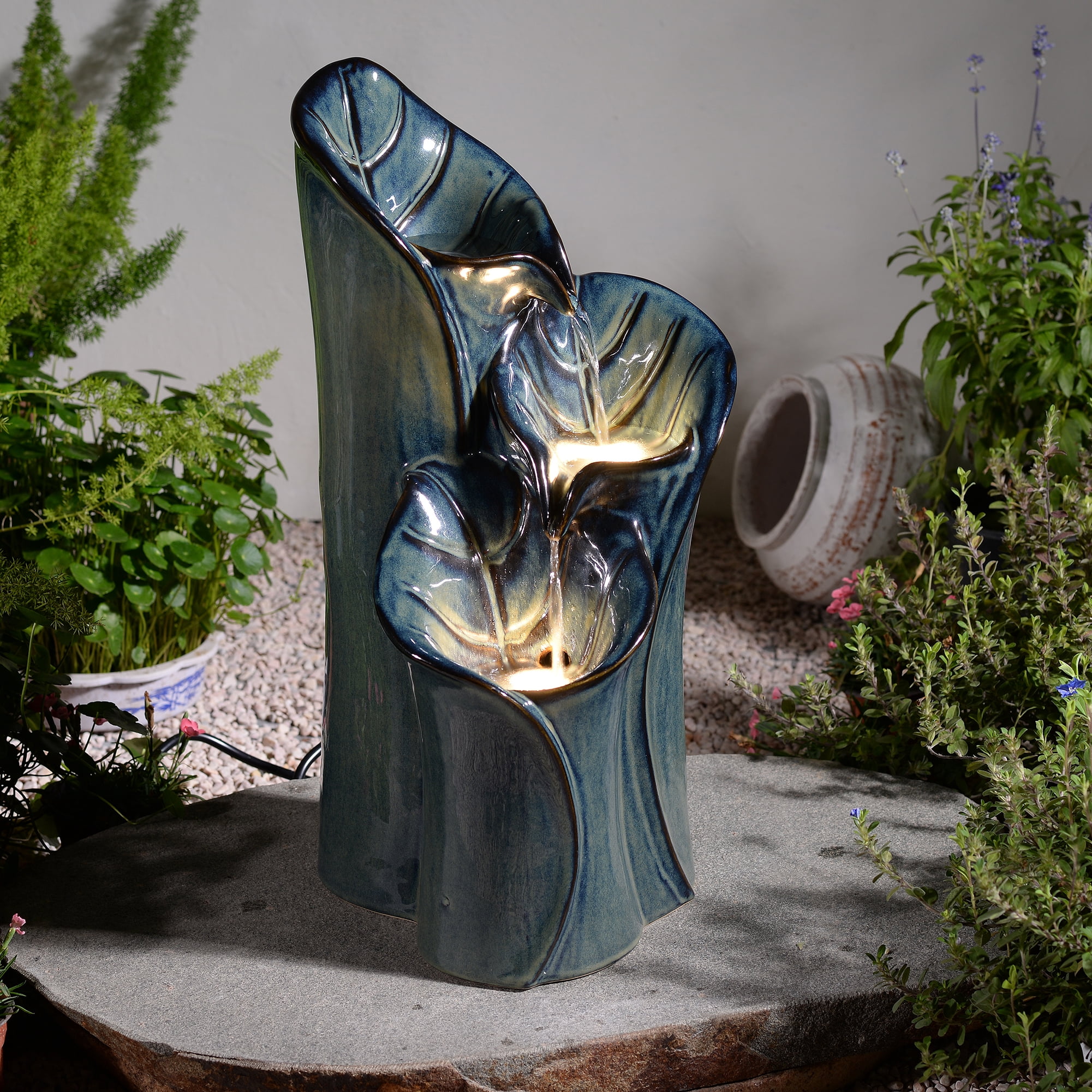 Blue Glazed Gray+Brown Ceramic Outdoor Water Fountain with Lights, Tiered Cascading Fountain, ETL Listed, Weather-Resistant Garden Water Feature with Pump for Patio, Deck, Porch & Backyard