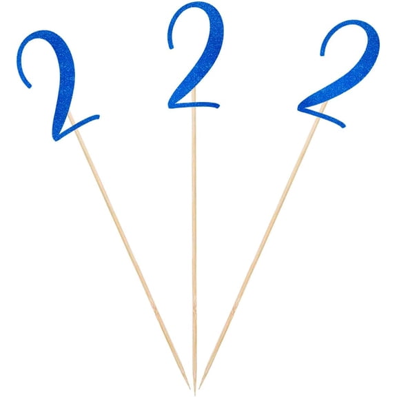 Blue Glitter 2nd Birthday Centerpiece Sticks, 12-Pack Number 2 Table Topper Anniversary Party Decorations