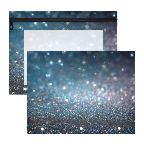 Blue Glitter 3-Ring Binder Pocket with Zipper Pencil Pouches A4 Size File Storage 2 Packs