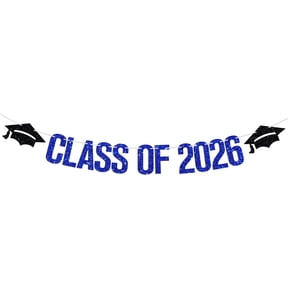 Blue Glitter Class of 2026 Graduation Banner with Black Grad Cap Cutouts, High School College Senior Grad Party Wall Hanging Garland
