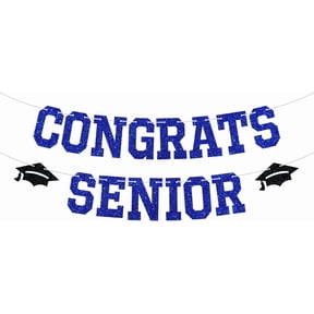 Blue Glitter Congrats Senior Banner with Black Graduation Caps, Senior Graduation Party Decorations