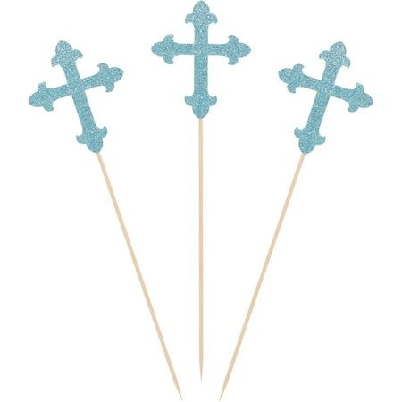 Blue Glitter Cross Centerpiece Sticks for Baptism Christening Party Decorations - 12pcs