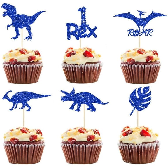 Blue Glitter Dinosaur T-Rex 1 Rex Pterosaur Jurassic Leaf Cupcake Toppers 12Pcs Dino Roar 1st Birthday Boys Party Cupcake Picks
