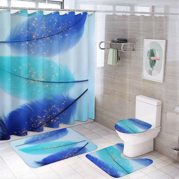 Blue Glitter Feather Print Shower Curtain Sets Non-Slip Rugs Bath Mat Toilet Cover U Shaped Mat 4 Pcs
