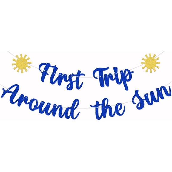 Blue Glitter First Trip Around The Sun Banner with Yellow Sun Cutouts, 1st Birthday Party Decorations