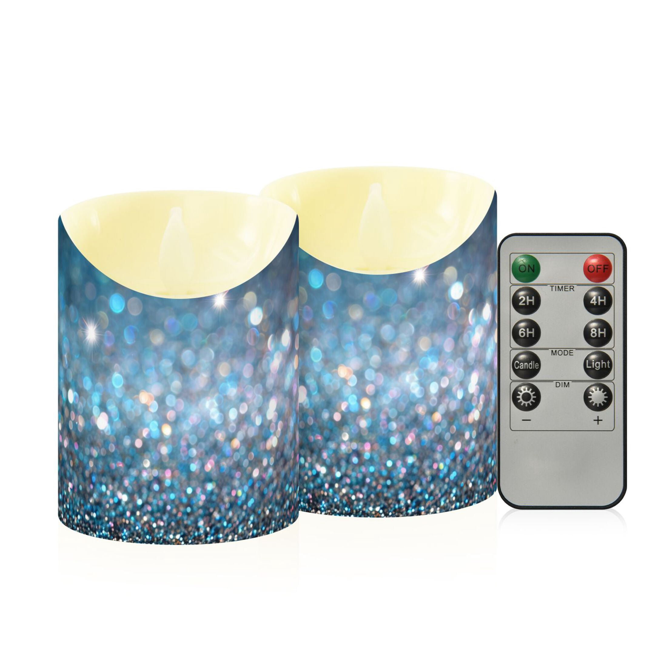 Blue Glitter Flickering Flameless Candles with Remote Timer Battery Operated LED Tealight Set of 2 M