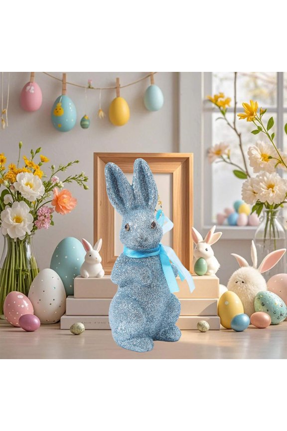 Blue Glitter Flocked Easter Bunny Ornament with Bow - Soft Foam Home Decor for Table, Shelf, Easter Basket - Easter Decoration