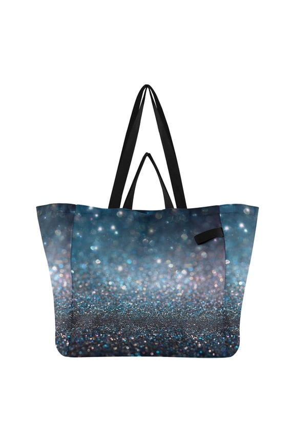 Blue Glitter Foldable Canvas Tote Bags Reusable Grocery Bags Laundry Bags Beach Bag 32L