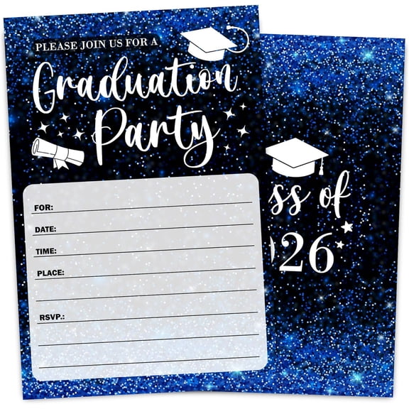 Blue Glitter Graduation Invitation Card for Graduate, Blue Glitter Graduation Party Invites, 30 Cards & 30 Envelopes, 4x6 Inches, Double-Sided