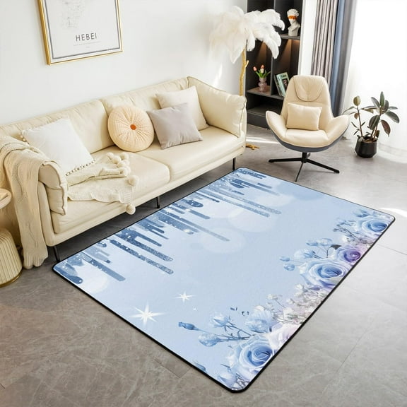 Blue Glitter Print Area Rug Pink Blue Flower Floor Mats Rugs For Girls, Cartoon Watercolor Decorative Rug For Living Room 2x3ft