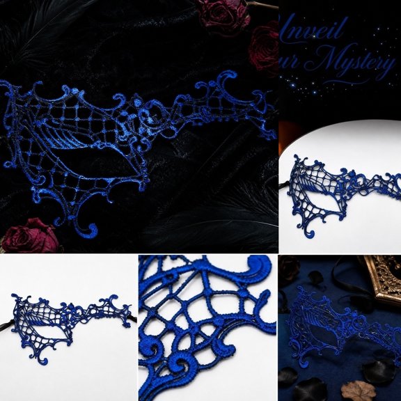Blue Glitter Single-Eye Half Face Lace Mask, Lace Masquerade Mask, Womens Masquerade Mask, Mask for Masquerade Party, 8X5 in Thick Embossed Halloween Accessory with Black Lace