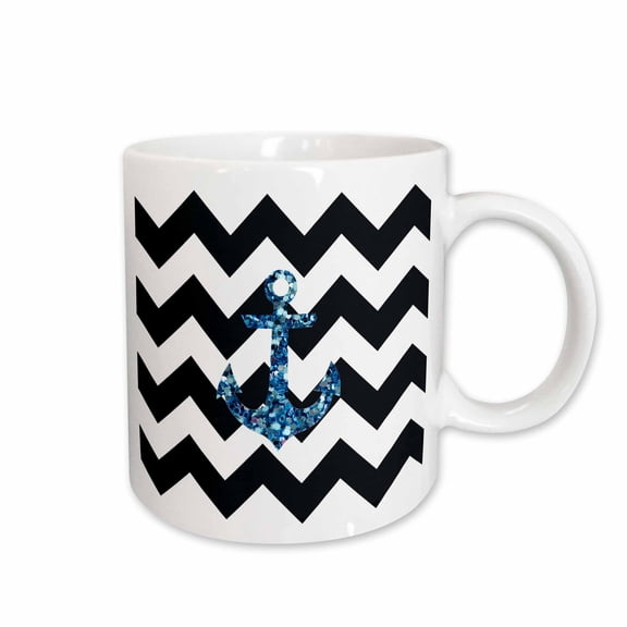 3drose, Blue Glittery Anchor with Black and White Chevron, 11oz Mug