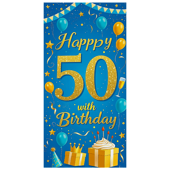 Blue Glittery Happy 50 Birthday Banner Background Decorations for Birthday Party Photography Props Backdrop Party Supplies Celebration Decors