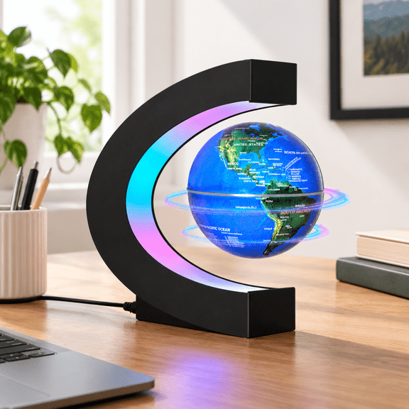 Blue Globe Magnetic Levitating Floating Desk Decor with LED Lights