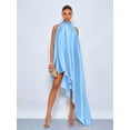 thumbnail image 1 of Blue Glossy Satin Halter Neck Asymmetrical High-Low Maxi Dress, Sleeveless Backless Evening Gown, 1 of 6