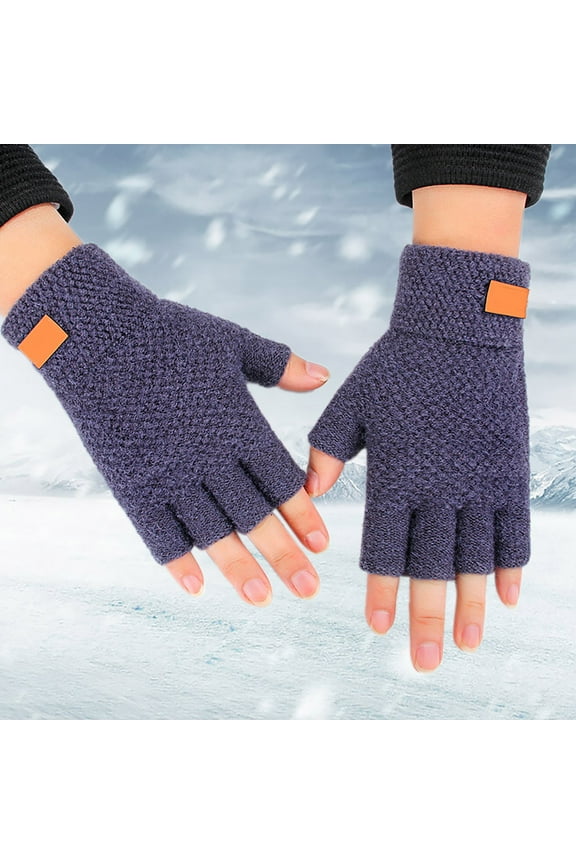 Blue Gloves Mittens Half Finger Warm Knit Gloves for Adult Thickened Open Finger Outdoor Jacquard Gloves for Cycling