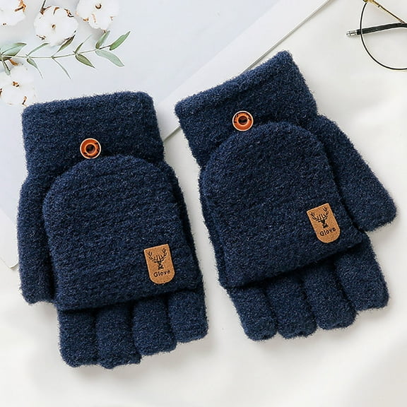 Blue Gloves Mittens Winter Knitted Fingerless Gloves Thermal Insulation Warm Convertible Mittens Flap Cover for Men Women
