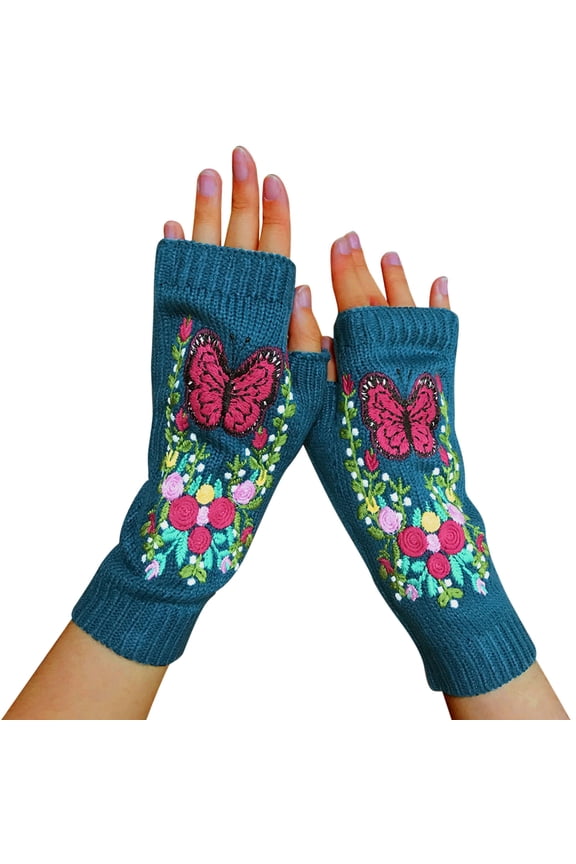 Blue Gloves Mittens Women'S Winter Hand Embroidered Gloves Winter Butterfly Flower Long Warm Hand Knitted Gloves
