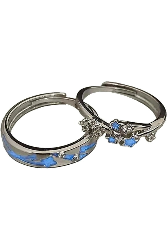 Blue Glow Star Promise Matching Rings for Couples Rings for Him and Her Set Friends Silver Diamond Wedding Cute Adjustable Dainty