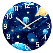 Blue Glow in The Dark Wall Clock 12 Inch Slient Space Wall Clock Battery Operated Children Round Wall Clock for Kids School Boys Bedroom
