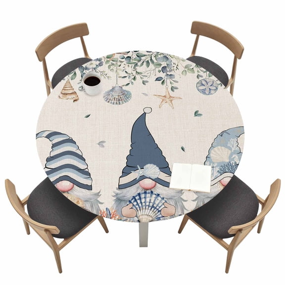 Blue Gnome Round Fitted Tablecloth with Elastic Edge Summer Ocean Shell Table Cover Fit for 36"-44" Tables Waterproof Tablecloths for Dinner Camping Picnic