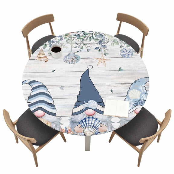 Blue Gnome Round Fitted Tablecloth with Elastic Edge Summer Ocean Shell Table Cover Fit for 36"-44" Tables Waterproof Tablecloths for Dinner Camping Picnic