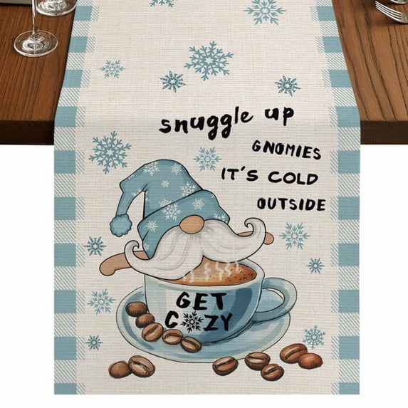 Blue Gnomes 70 Inch Table Runner, Coffee Snowflake Winter Checkered Rustic Farmhouse Dresser Scarf Cotton & Linen Tablerunner for Dining/Kitchen Island/Holiday Party Décor 13" x 70"