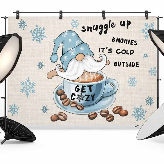 Blue Gnomes Backdrop for Photoshoot, Photography Photo Studio Background Wall Backdrop, Coffee Snowflake Winter Rustic Back Drop Banner Panel for Portraits Wedding Party Live Streaming Decor 12x8Ft