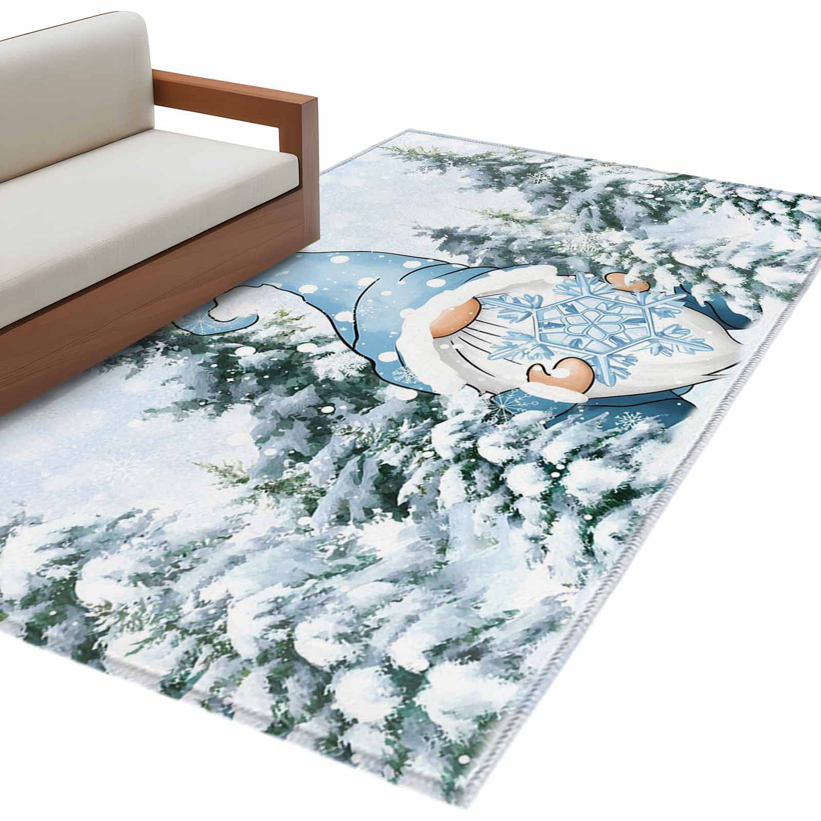 Blue Gnomes Christmas 3'x5' Washable Rug, Xmas Tree Snowflake Winter ...