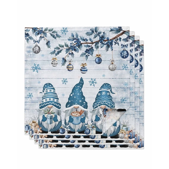 Blue Gnomes Christmas Cloth Napkins Set of 4 Reusable Dinner Napkins, Xmas Balls Tree Snowflake Wooden Cocktail Napkin Washable Table Napkins for Wedding/Holiday Party/Baby Shower 20"x20"