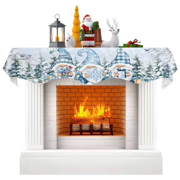 Blue Gnomes Christmas Fireplace Mantle Scarf, Xmas Tree Branches Snowflake Gifts Mantel Cover Table Runner for Home Living Room Door Window, Indoor Outdoor Holiday Party Decor 17" x 60"