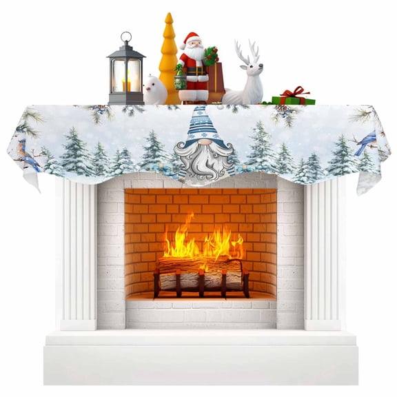 Blue Gnomes Christmas Fireplace Mantle Scarf, Xmas Tree Snowflake Berry Pine Cones Mantel Cover Table Runner for Home Living Room Door Window, Indoor Outdoor Holiday Party Decor 17" x 60"