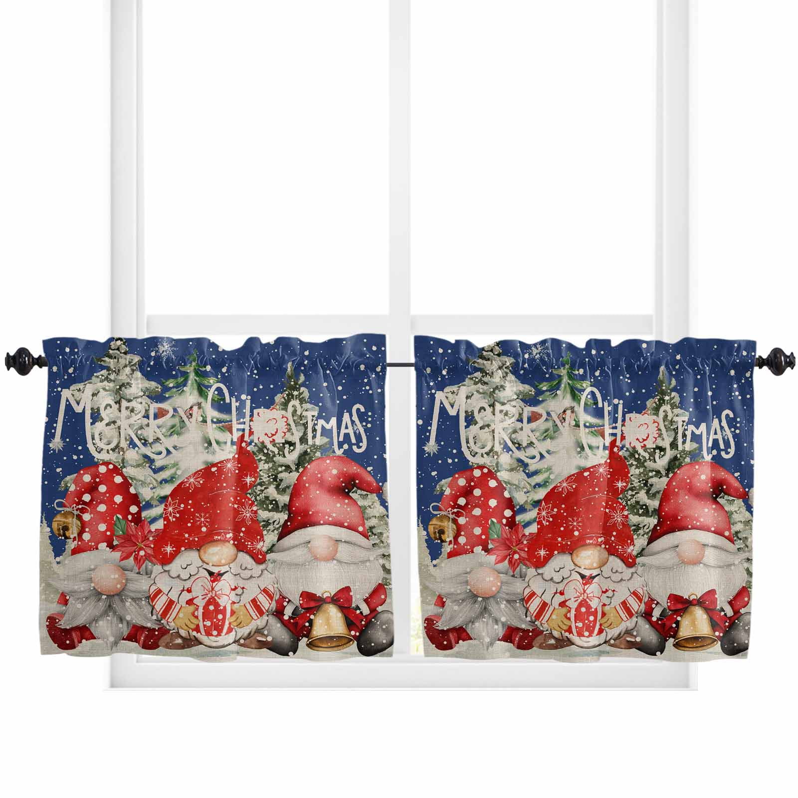 Blue Gnomes Christmas Kitchen Curtain 2 Panels Tiers Curtains 36 Inch