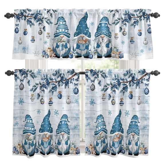 Blue Gnomes Christmas Kitchen Curtains, Kitchen Curtains and Valances Set of 3, Xmas Balls Tree Snowflake Wooden Light Filtering Tailored Tier Curtain 24 Inch Length Drapes for Cafe Sink Bedroom