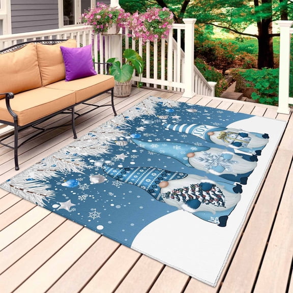 Blue Gnomes Christmas Outdoor Rug 3x5 Ft, Non Slip Washable Area Rug, Xmas Snowflake Ball Winter Tree Gifts Patio Rugs Carpet Runner, Large Floor Mat for Indoor/Outdoor Deck Porch Camping