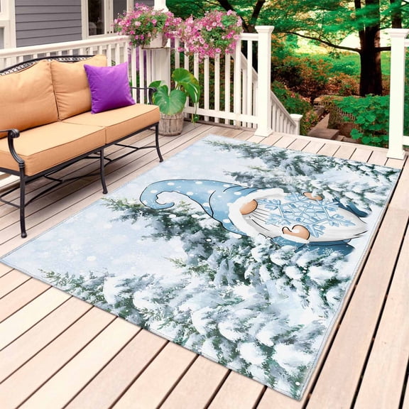 Blue Gnomes Christmas Outdoor Rug 3x5 Ft, Non Slip Washable Area Rug, Xmas Tree Snowflake Winter Patio Rugs Carpet Runner, Large Floor Mat for Indoor/Outdoor Deck Porch Camping