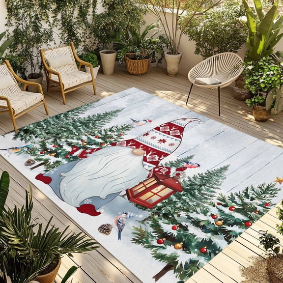 Blue Gnomes Christmas Outdoor Rug 5x7 Ft - Reversible Patio Rug Outdoor Camping Rugs, Xmas Tree Snowflake Winter Holiday Indoor Outdoor Area Rugs, Non-Slip Outdoor Carpet Runner for Deck/Porch