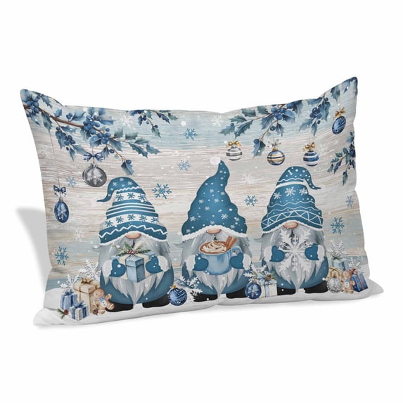 Blue Gnomes Christmas Pillow Covers, Linen Long Throw Pillow Case, Xmas Ball Snowflake Gifts Botanical Winter Holiday Pillow Protector Decorative Cushion Cover for Living Room/Bedroom 20" x 30"