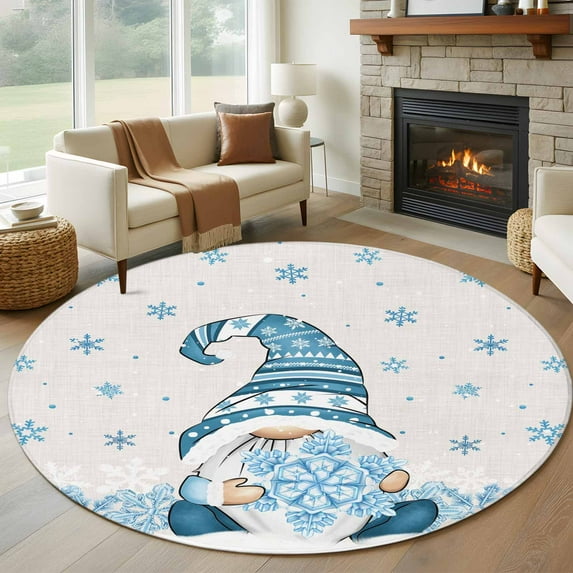 Blue Gnomes Christmas Round Area Rug 5 FT, Non Slip Bedroom Area Rug, Blue Xmas Snowflake Winter Rustic Washable Soft Circular Carpet Floor Mat for Kitchen Dining Room Foyer Balcony Dorm