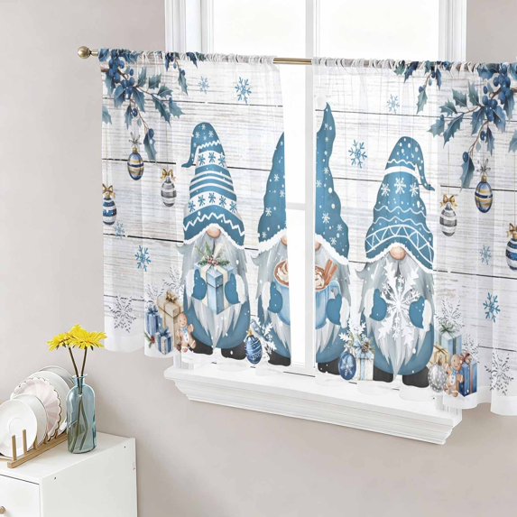 Blue Gnomes Christmas Sheer Curtains 54 Inch Length 2 Panels Set Window Treatments, Xmas Ball Snowflake Gifts Botanical Wooden Rod Pocket Semi Curtains for Living Room/Bedroom/Kitchen, 104"W x 54"L