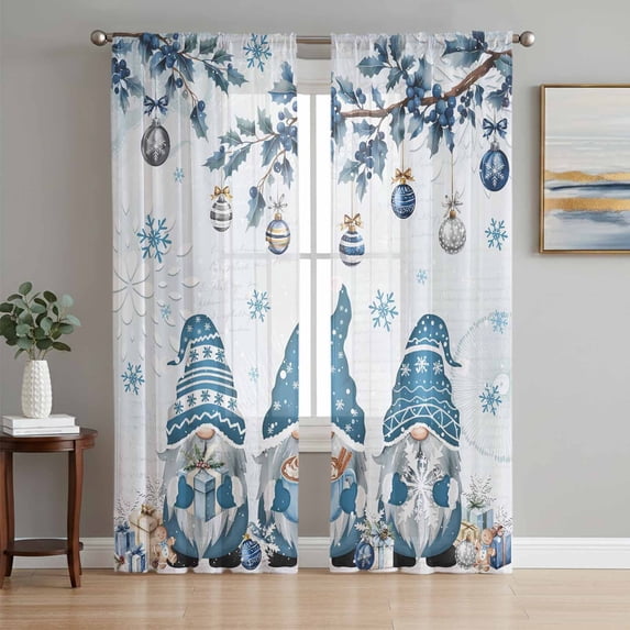 Blue Gnomes Christmas Sheer Curtains 63 Inch Length 2 Panels Set Window Treatments, Xmas Ball Gifts Botanical Snowflake Rod Pocket Semi Curtains for Living Room/Bedroom/Kitchen Décor, 104"W x 63"L