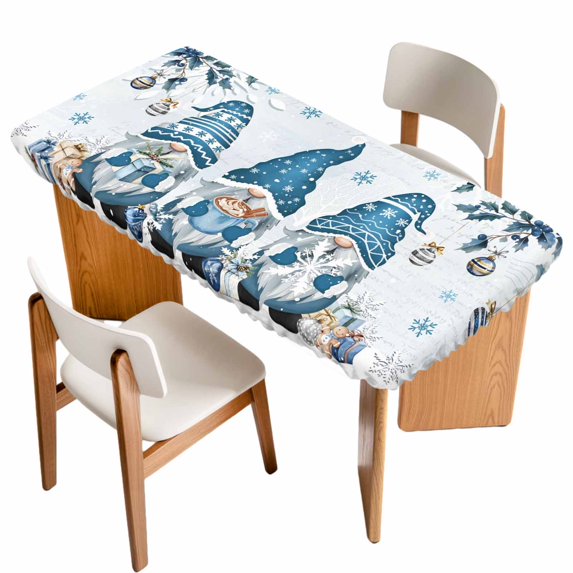 Blue Gnomes Christmas Table Cloths for 6 Foot Rectangle Tables, Xmas Ball Gifts Botanical Snowflake Patio Waterproof Elastic Fitted Tablecloths, Washable Rectangular Table Cover for Camping