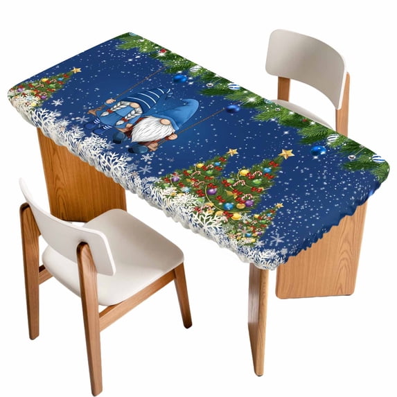 Blue Gnomes Christmas Table Cloths for 6 Foot Rectangle Tables, Xmas Tree Weeping Balls Snowflake Patio Waterproof Elastic Fitted Tablecloths, Washable Rectangular Table Cover for Camping