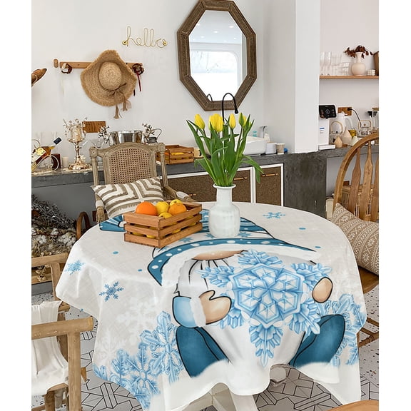 Blue Gnomes Christmas Tablecloth Square Table Cloth 60x60 , Waterproof Tablecloth Outdoor Table Cloth, Blue Xmas Snowflake Winter Rustic Washable Table Cover for Kitchen Dining Party