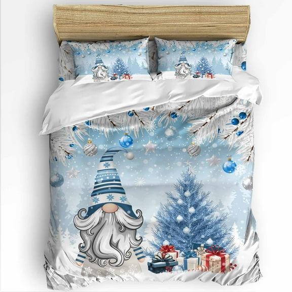 Blue Gnomes Christmas Twin Size Comforter Set, Xmas Tree Branch Balls Snowflake Soft Bedding for All Seasons, 4 Pcs Bed Set with 1 Comforter (68"x86") ,1Sheet(66"x116"), 2 Pillowcases (19"x29")